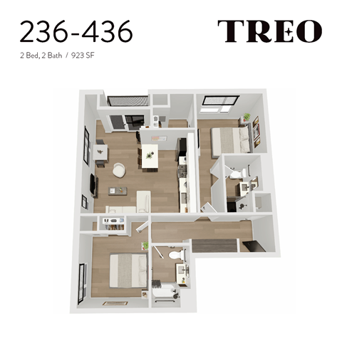 Floor plan for 2 beds, 2 baths, 947 sqft